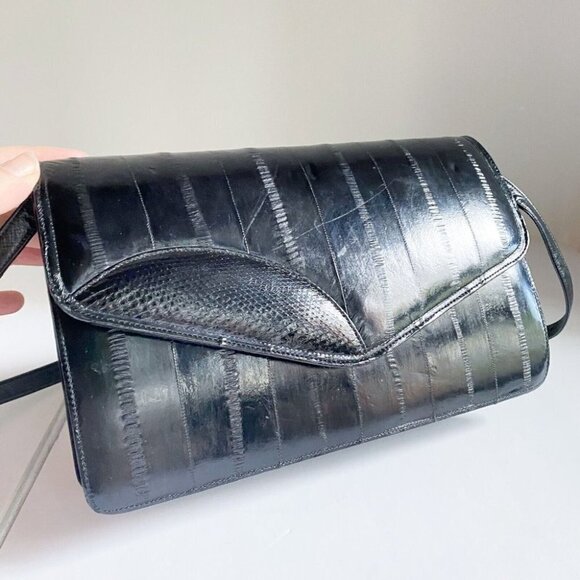 Vintage Eel Skin  Black Convertible Shoulder Clutch Bag - Picture 3 of 11